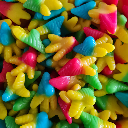 A collection of colorful gummy candies shaped like chicken feet in a variety of colors.